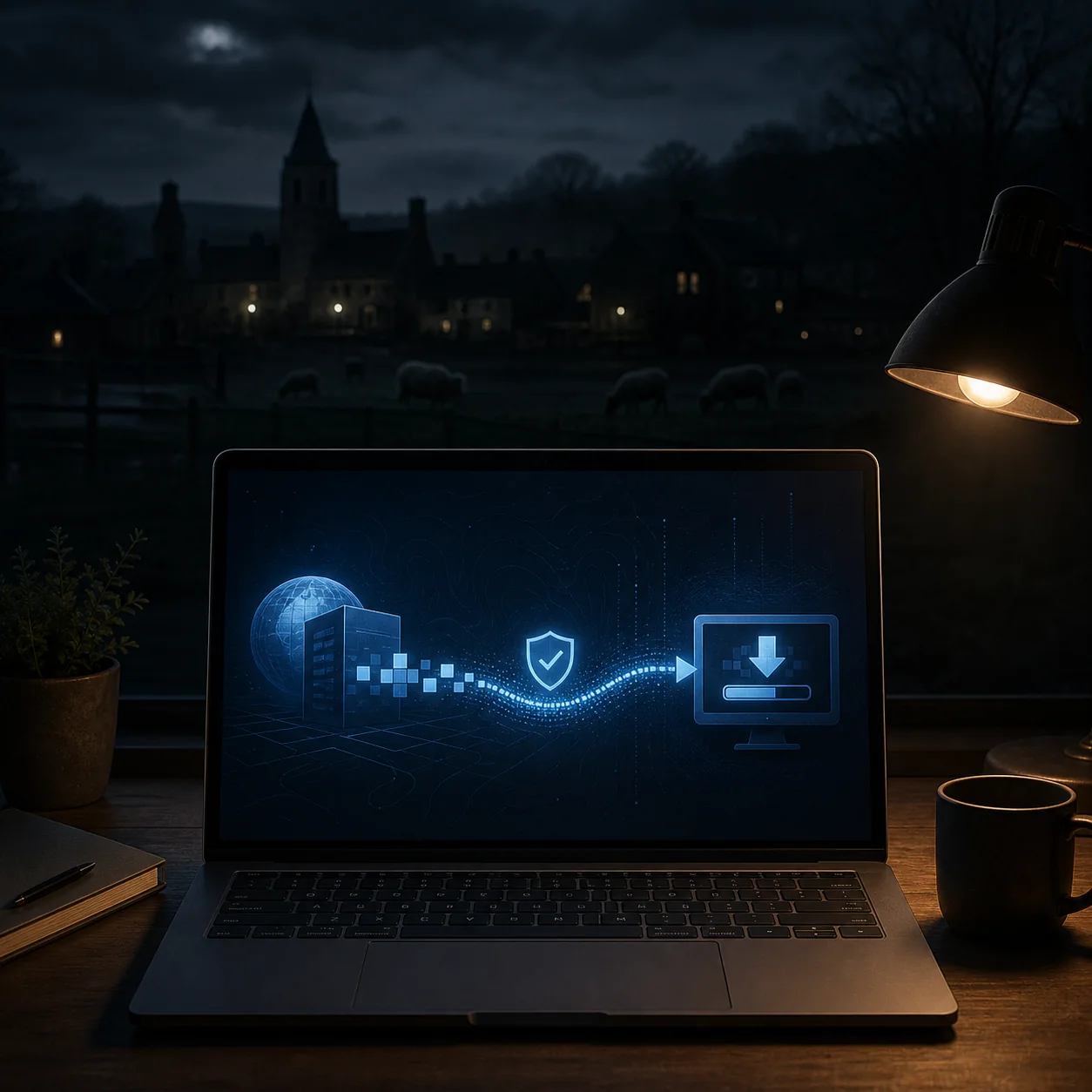 Conceptual editorial illustration of a secure PC game download route at night