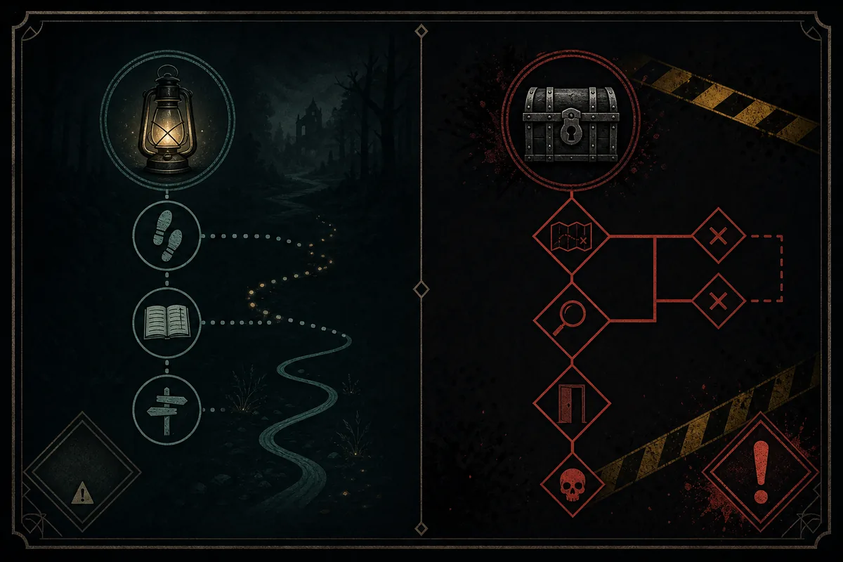 Editorial comparison of hint path and full solution path for Scary Game 2 puzzles