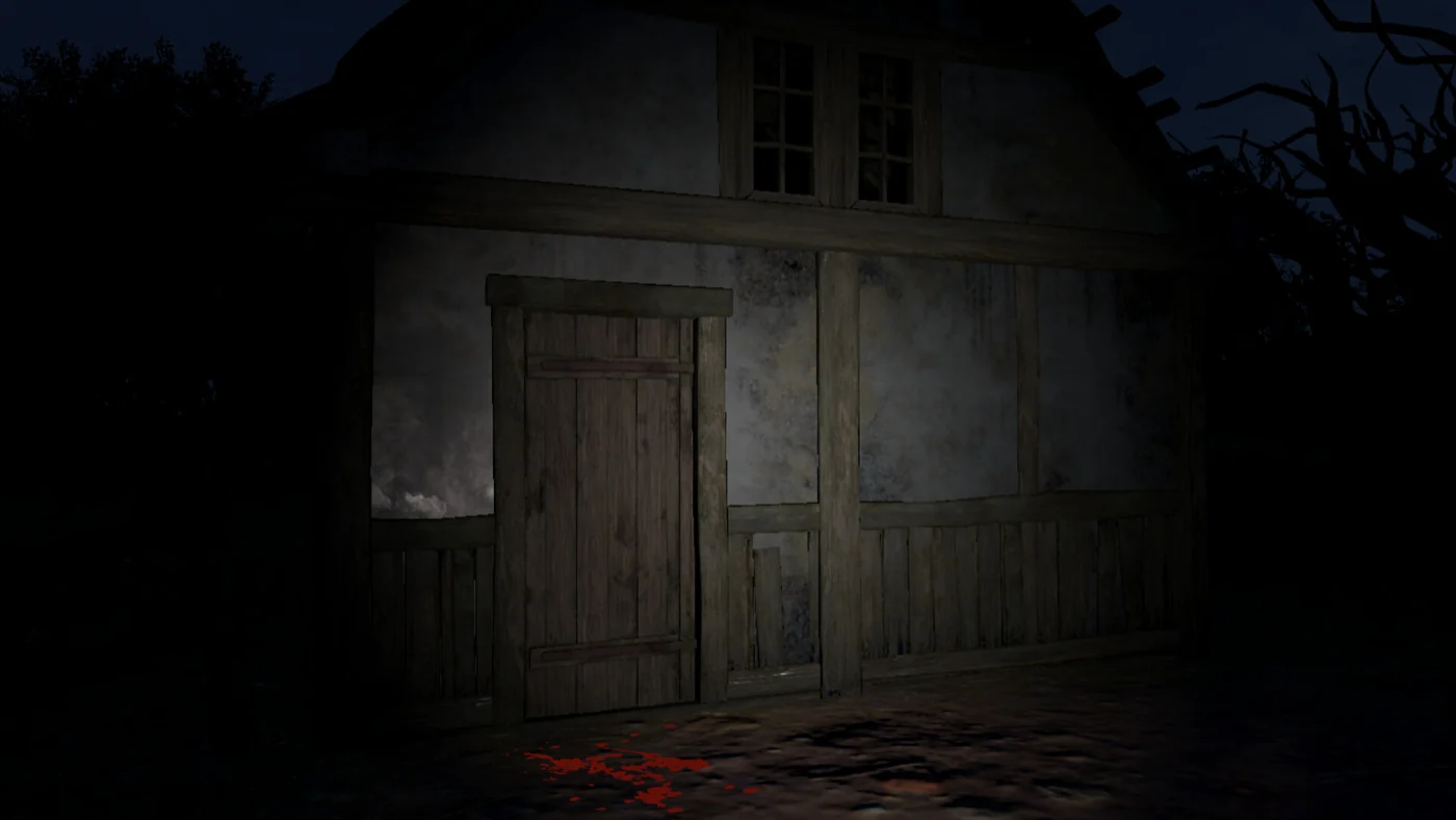 Scary Game 2 first-person gameplay view of a dark rural house and closed wooden door