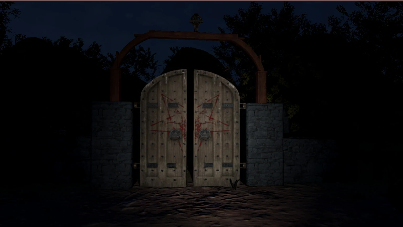 Official Scary Game 2 screenshot showing the closed compound gate at night