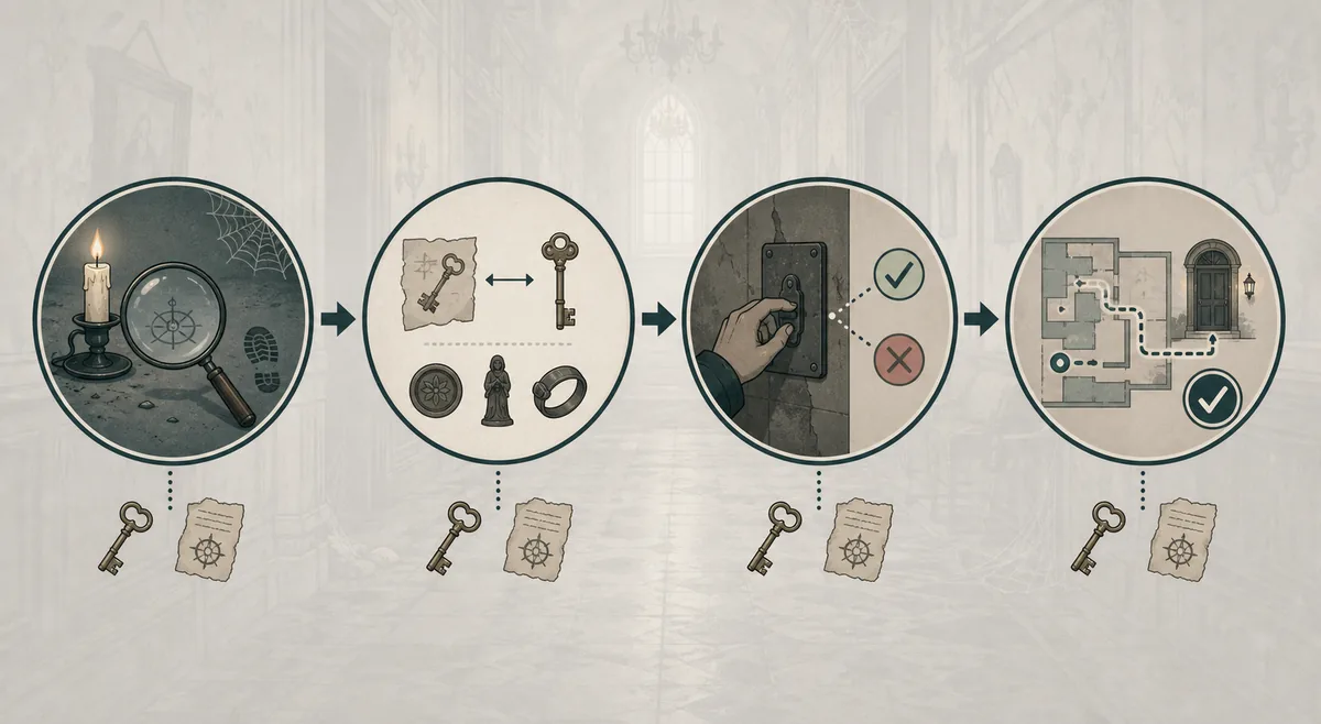 Editorial four-step puzzle hint flow for Scary Game 2